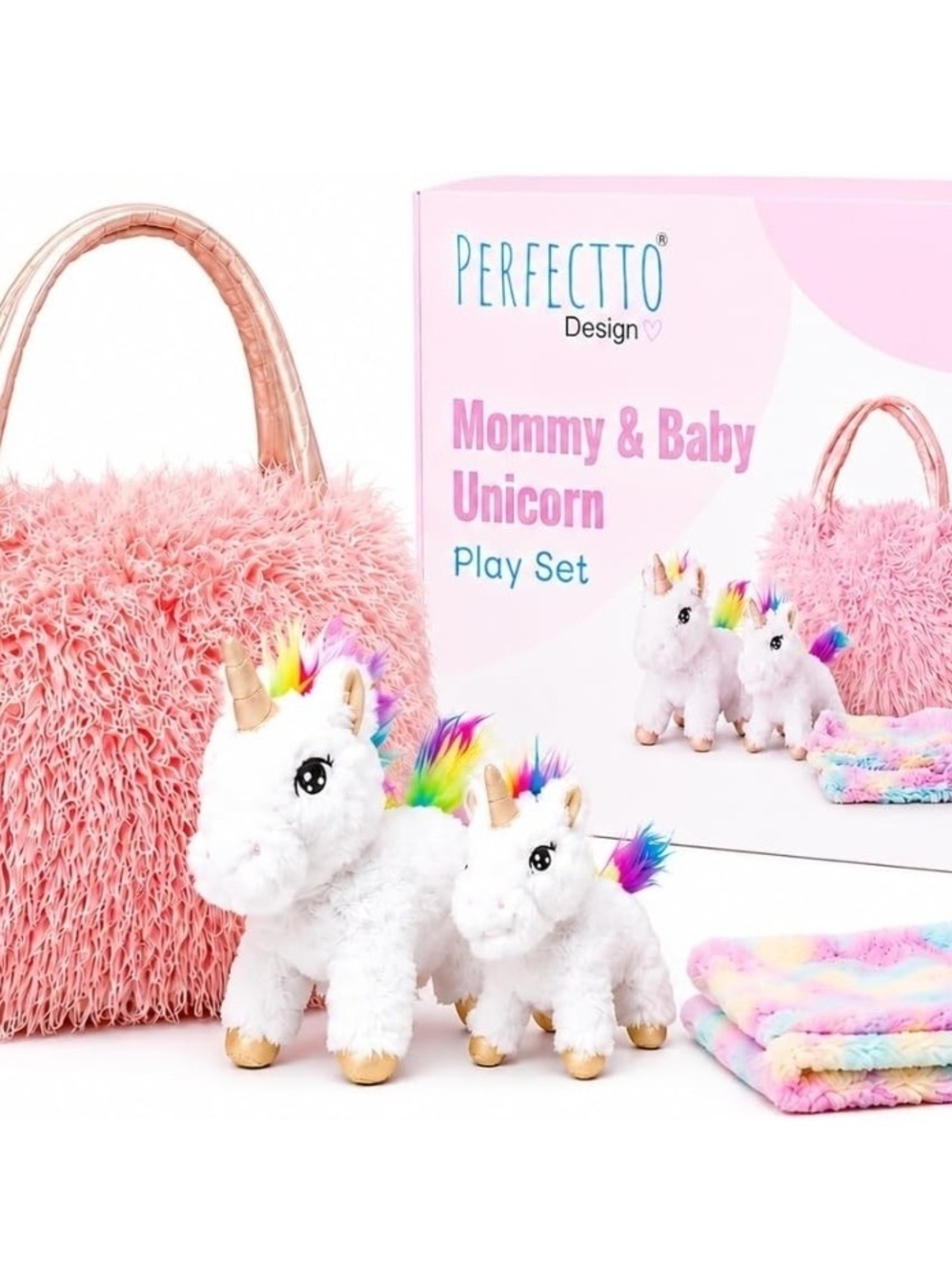 Perfectto Design Mommy & Baby Unicorn Plush Set - White with Rainbow Accents